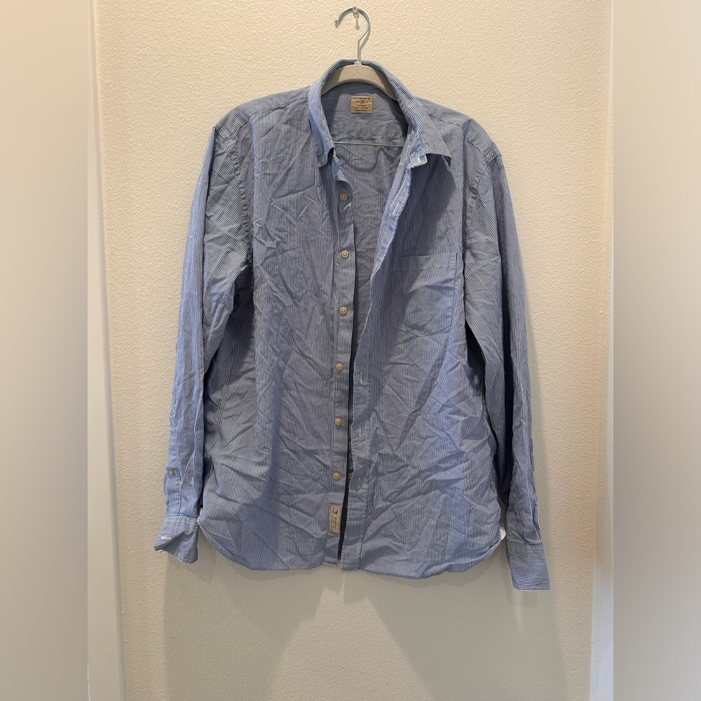 J. Crew Men's Blue White Striped 2 Ply 100% Cotton Button Down Shirt Size L